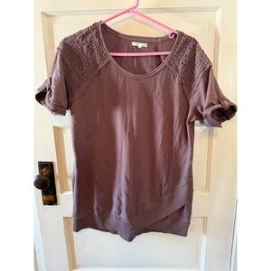 Maurices Womens Purple Crochet Sleeve‎ Tunic  Rolled Cuff Distressed Hem shirt